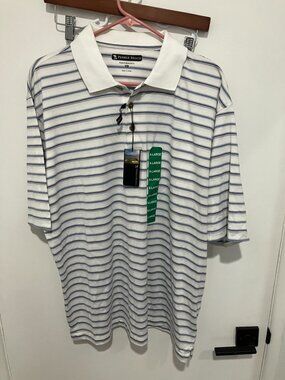 Pebble Beach Men's Striped Performance Polo Shirt, White/Blue, XL, NWT